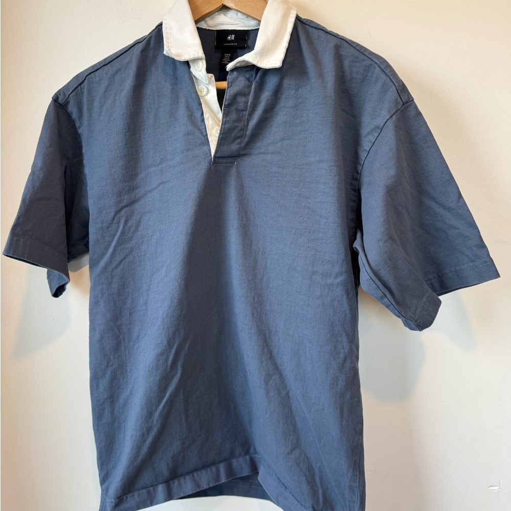 H&M Men's Slate Blue Polo with White Contrast Collar